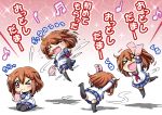  &gt;_&lt; &gt;_o 1girl :d blue_skirt blush brown_eyes brown_hair chibi commentary_request d.a fang glance hair_ornament hairclip happy ikazuchi_(kantai_collection) kantai_collection motion_lines musical_note neckerchief new_year one_eye_closed open_mouth otoshidama panties pantyshot pleated_skirt school_uniform serafuku short_hair silhouette skirt smile sparkle spinning tears thigh-highs translated underwear 