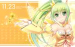  1girl 2014 breasts calendar cleavage detached_sleeves elsword fairy_wings green_eyes green_hair highres long_hair november pointy_ears rena_(elsword) tsukimi_kirara wings 