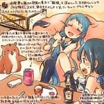  2girls alcohol beer black_eyes black_gloves black_hair blue_hair blush commentary_request cup dated drunk elbow_gloves gloves hair_ribbon holding holding_cup kantai_collection kirisawa_juuzou long_hair multiple_girls non-human_admiral_(kantai_collection) ribbon samidare_(kantai_collection) suzukaze_(kantai_collection) sweat thigh-highs traditional_media translation_request twitter_username very_long_hair 