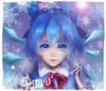  1girl 2015 blue_eyes blue_hair bow character_name cirno collared_shirt dated eyelashes hair_bow highres ice ice_wings index_finger_raised lace-trimmed_collar lens_flare lips looking_at_viewer neck_ribbon nose parted_lips portrait ribbon shest_ short_hair signature snowflakes solo touhou vest wings 