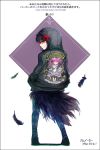  1girl akemi_homura akuma_homura black_feathers bow character_name feathers goddess_madoka hair_bow hair_ribbon hands_in_pockets hooded hooded_jacket kaname_madoka leather_jacket looking_back mahou_shoujo_madoka_magica mahou_shoujo_madoka_magica_movie pantyhose pink_eyes purple_hair ribbon silverxp smile solo spoilers standing translation_request watermark web_address 