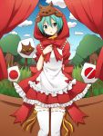  &gt;_&lt; 1girl :o animal_on_head apron aqua_eyes aqua_hair arm_behind_back bangs blush bow clover_club_(vocaloid) cowboy_shot curtains dress frilled_dress frills grass hair_between_eyes hatsune_miku highres hood little_red_riding_hood little_red_riding_hood_(cosplay) little_red_riding_hood_(grimm) looking_at_viewer open_mouth project_diva project_diva_2nd red_dress ribbon-trimmed_clothes ribbon-trimmed_headwear ribbon-trimmed_legwear ribbon_trim short_hair short_sleeves sky solo standing sudachi_(calendar) theater thighhighs tree vocaloid white_legwear wrist_cuffs 
