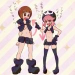  2girls anosumi_(ggpg) armpit_holster belt boots breast_envy brown_hair gloves hat holster jakuzure_nonon kill_la_kill mankanshoku_mako multiple_girls navel nudist_beach_uniform open_mouth oversized_clothes pink_hair revealing_clothes skull_print thigh-highs translation_request utility_belt 