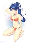  1girl barefoot battle_girl_(pokemon) bikini blue_eyes blue_hair kneeling loneteel long_hair pokemon ponytail swimsuit 