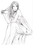 1girl bare_shoulders dress graphite_(medium) hand_in_hair lips long_hair looking_away monochrome murata_yuusuke original parted_lips simple_background sitting sketch solo traditional_media white_background 