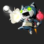  black_background cat glowing glowing_eyes green_eyes jetpack no_humans open_mouth robonyan robot simple_background smoke solo youkai_watch 