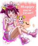  1girl :d ;d bow candy_(smile_precure!) creature hair_bow hairband hanzou happy_new_year horns hoshizora_miyuki new_year one_eye_closed open_mouth panties pantyshot pink_eyes pink_hair pink_panties pink_skirt precure sheep_horns shoes short_hair short_twintails sitting skirt smile smile_precure! twintails underwear wool 