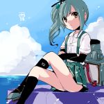  1girl arm_warmers blue_sky character_name clouds crossed_legs dress_shirt grey_hair hair_ornament hair_ribbon kantai_collection kasumi_(kantai_collection) kobayashi_kabura long_hair lowres machinery orange_eyes panties pantyshot pantyshot_(sitting) pink_panties pleated_skirt ribbon shirt short_sleeves side_ponytail sitting skirt sky solo suspenders underwear water 