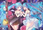  2girls aqua_eyes aqua_hair cup different_reflection dual_persona hatsune_miku heart heart-shaped_pupils highres long_hair mug multiple_girls mvv panda pink_eyes reflection symbol-shaped_pupils thigh-highs toothbrush twintails very_long_hair vocaloid wings 