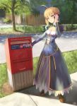  1girl ahoge blonde_hair canada cellphone dress fate/stay_night fate_(series) green_eyes highres jay_xu juliet_sleeves long_sleeves phone postbox puffy_sleeves saber solo 