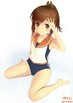  1girl :3 brown_eyes brown_hair burenbo-chan collarbone highres i-401_(kantai_collection) kantai_collection looking_at_viewer ponytail sailor_collar school_swimsuit short_hair signature simple_background sitting solo swimsuit wariza white_background 