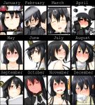  &gt;_&lt; annotated black_hair blush breasts brown_eyes calendar cleavage closed_eyes collarbone covering_mouth female_admiral_(kantai_collection) full-face_blush gloves hat heart heart_hands kantai_collection multiple_girls niwatazumi one_eye_closed open_mouth ryuujou_(kantai_collection) shouhou_(kantai_collection) smile tatebayashi_sakurako tongue tongue_out torn_clothes turtleneck underwear uniform white_gloves 