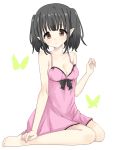  1girl bare_legs barefoot black_hair blush breasts brown_eyes butterfly cleavage collarbone morina_nao nightgown original pointy_ears short_hair sitting solo two_side_up 