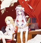  2girls absurdres ahoge alternate_costume armchair bare_legs barefoot blonde_hair bloomers blue_eyes blush book book_on_head bookshelf bottomless bow brand_name_imitation chair collarbone crescent desk dr_pepper dress dress_shirt flying_paper hair_bow hair_ribbon hands hat hat_removed headwear_removed highres ke-ta kirisame_marisa lamp legs long_hair multiple_girls naked_shirt nightgown no_pants object_on_head open_book paper patchouli_knowledge product_placement purple_hair ribbon shirt sitting soda_can touhou underwear very_long_hair violet_eyes witch_hat 