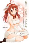  1girl ahoge akeome animal_costume bare_shoulders blush bow hairband long_hair looking_at_viewer low_twintails navel new_year original red_eyes redhead sheep_costume sitting smile solo twintails twitter_username wariza yuuki_kazuhito 