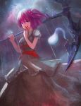  1girl absurdres alternate_weapon clouds cloudy_sky flower ghost grey_eyes hair_bobbles hair_ornament highres magician_(china) night onozuka_komachi puffy_short_sleeves puffy_sleeves purple_hair rain revision sash scythe shirt short_sleeves skirt sky smelling_flower solo spider_lily touhou two_side_up weapon 