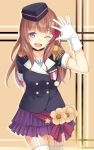  1girl ;d arm_behind_back brown_hair cccpo epaulettes garter_straps gloves hat long_hair looking_at_viewer love_live!_school_idol_project one_eye_closed open_mouth shocking_party skirt smile solo thigh-highs violet_eyes white_gloves white_legwear yuuki_anju 