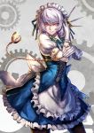  1girl apron between_fingers gears gloves izayoi_sakuya knife looking_at_viewer maid maid_headdress pink_eyes pocket_watch puffy_short_sleeves puffy_sleeves ryuuzaki_ichi sash shirt short_sleeves silver_hair skirt skirt_set smile solo touhou vest waist_apron watch white_gloves 