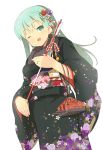  1girl alternate_costume arrow floral_print green_eyes green_hair hair_ornament japanese_clothes jewelry kantai_collection kimono long_hair looking_at_viewer obi ooide_chousuke open_mouth ring sash simple_background solo suzuya_(kantai_collection) wedding_band white_background 