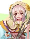  1girl 2015 absurdres botsuo_(sesusama) breasts electric_guitar guitar headphones highres hood horns instrument large_breasts long_hair looking_at_viewer nitroplus open_mouth pink_hair red_eyes sheep_horns smile solo super_sonico 