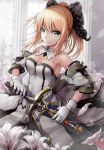  1girl bare_shoulders blonde_hair blush bow breasts cleavage dress fate/stay_night fate_(series) flower gloves green_eyes highres hisahisahisahisa holding long_hair looking_at_viewer saber saber_lily smile solo sword weapon white_gloves 