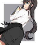  1girl apron ass bangs black_hair black_skirt blue_eyes breast_press breasts earrings frame glasses holding jewelry large_breasts long_hair long_sleeves looking_back low-tied_long_hair original rimless_glasses sblack shirt simple_background skirt solo standing very_long_hair white_shirt 