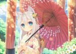  1girl animal_ears blue_eyes fox_ears highres japanese_clothes kimono long_hair oriental_umbrella original silver_hair solo taiki_ken umbrella 