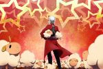  1boy archer closed_eyes fate/stay_night fate_(series) leila_(lalan) male_focus red_background sheep short_hair solo star white_hair 