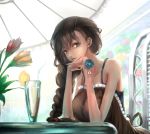  1girl bangs bare_shoulders bow braid brown_eyes brown_hair camisole chin_rest collarbone drinking_glass drinking_straw earrings flower food frills fruit hair_tie highres indoors interlocked_fingers jewelry kikivi lemon lemon_slice long_hair looking_at_viewer mole original peony_(flower) pov_across_table solo spaghetti_strap table taut_clothes tulip wrist_flower 