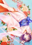  1girl blue_eyes brown_hair flower highres japanese_clothes kara_no_kyoukai katana kikuyoshi_(tracco) kimono obi ryougi_shiki sash short_hair solo sword weapon 