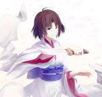  1girl ahoge brown_eyes brown_hair highres japanese_clothes kara_no_kyoukai kikuma525 kimono knife obi reverse_grip ryougi_shiki sash short_hair solo 