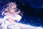 1girl absurdres aqua_eyes carnelian character_request copyright_request dress field flower flower_field grey_hair hair_ribbon highres long_hair looking_back moon night open_mouth outdoors ribbon skirt sky solo white white_dress white_flower wrist_cuffs 