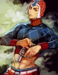  1boy argyle_sweater guido_mista gun hat jojo_no_kimyou_na_bouken magatsumagic midriff revolver solo weapon 