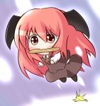  &gt;:3 1girl :3 bat_wings blush bread bread_in_mouth chibi collared_shirt commentary_request dress_shirt food head_wings jumping koakuma long_hair mouth_hold necktie red_eyes redhead shirt simple_background skirt skirt_set solo sparkle touhou uruc very_long_hair vest white_shirt wings 