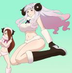  2girls animal_costume bikini boots breasts brown_boots brown_eyes brown_hair fur_boots gloves hair_over_one_eye hairband horns idolmaster jumping knee_boots long_hair looking_at_viewer midriff minase_iori multiple_girls red_eyes sheep_costume shijou_takane silver_hair swimsuit wata_do_chinkuru 