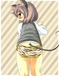  1girl animal_ears ass blush commentary_request grey_hair highres kehukoete long_sleeves mouse_ears mouse_tail nazrin no_pants open_mouth panties pink_eyes shirt solo striped striped_background tail tiger_print touhou underwear vest 