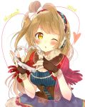  1girl 2014 bow brown_eyes brown_hair character_name earmuffs fingerless_gloves gloves hair_bow heart instrument kakizato love_live!_school_idol_project minami_kotori one_eye_closed one_side_up simple_background solo tagme tambourine white_background 