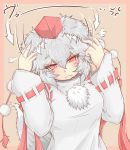  1girl animal_ears blush_stickers commentary_request cube85 detached_sleeves ear_pull embarrassed fang grey_hair hat inubashiri_momiji long_sleeves looking_at_viewer messy_hair orange_eyes pout revision shirt silver_hair solo tail tokin_hat touhou wolf wolf_ears wolf_tail 