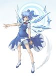  ? bloomers blue_eyes blue_hair bobby_socks bow cirno fenne flat_chest hair_bow outstretched_arm phenne short_hair smirk socks teenage touhou wind_lift wings 