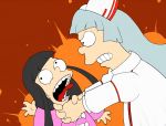  asphyxiation bad_id black_hair choking fujiwara_no_mokou hair_ribbon houraisan_kaguya kakaaru matt_groening_(style) parody ribbon rivalry silver_hair strangle strangling style_parody teeth the_simpsons tongue touhou 