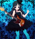  1girl akiyama_mio bad_id bangs bass_guitar black_hair blue_eyes blue_legwear blunt_bangs don&#039;t_say_&quot;lazy&quot; don&#039;t_say_lazy dress elbow_gloves face_paint facepaint fingerless_gloves gloves hat hime_cut instrument k-on! kay long_hair mini_top_hat pantyhose solo striped top_hat turquoise_pantyhose 