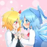  ahoge bad_id blonde_hair blue_eyes blue_hair blush bow cirno fang hair_bow hair_ribbon hand_holding holding_hands ice multiple_girls pocky pocky_kiss red_eyes ribbon rumia shared_food torichiyo touhou wings 