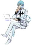  1boy blue_hair computer crossed_legs dated glasses inumuta_houka kill_la_kill laptop male_focus sabamiso_(waruagaki) sitting solo uniform 