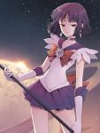  bishoujo_senshi_sailor_moon black_hair bob_cut bow choker circlet earrings elbow_gloves gloves highres jewelry magical_girl nardack pleated_skirt polearm purple_eyes purple_hair red_eyes sailor_saturn short_hair skirt solo staff star tiara tomoe_hotaru violet_eyes 