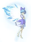  barefoot blue_hair bow cirno closed_eyes hair_bow hands_on_own_chest makarori profile short_hair solo touhou wings 