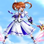  boots brown_hair fingerless_gloves flying gao_(artist) gao_(naodayo) gloves hair_ribbon highres mahou_shoujo_lyrical_nanoha mahou_shoujo_lyrical_nanoha_the_movie_1st raising_heart ribbon short_twintails takamachi_nanoha twintails 