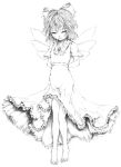  arms_behind_back artist_request barefoot cirno dress feet hair_ribbon katzeh looking_down monochrome ribbon short_hair smile solo touhou wings 