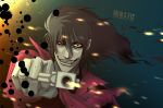  1boy alucard_(hellsing) ascot black_hair coat feathers grin gun hellsing looking_at_viewer pale_skin pistol red_eyes simple_background smile solid&amp;etc solo suit vampire white_gloves 