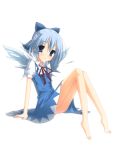  barefoot blue_eyes blue_hair blush bow cirno feet ice kepon legs short_hair simple_background skinny smile solo touhou wings 