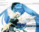  angel_wings bad_id blue_eyes blue_hair detached_sleeves hatsune_miku long_hair necktie skirt smile solo sun_(rose2002) twintails vocaloid wings 